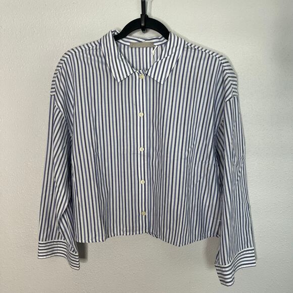 New Everlane Woven PJ Boxy Top Blue Stripe Cotton Button Front Long Sleeve Sz XS - Picture 1 of 5